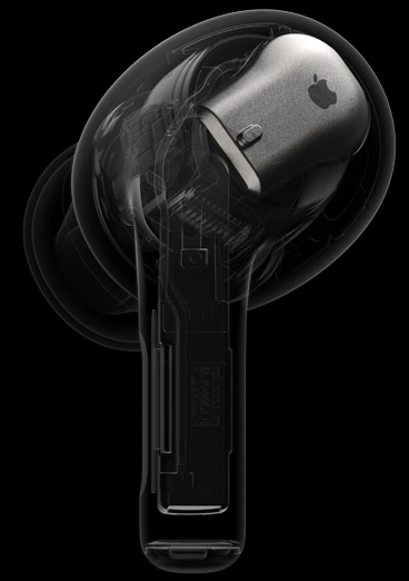 Läpileikkausnäkymä AirPods Pro ‑kuulokkeista, H2-sirun kuori näkyy kuvassa korostettuna.