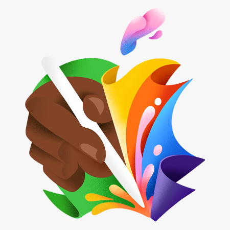 Il logo Apple formato da carta ondulata nei colori verde, giallo, arancione e blu. Dentro il logo, una mano tiene una Apple Pencil per disegnare. La punta è premuta sul fondo del logo, e da lì si sprigionano verso l’alto brillanti schizzi di colore arancione e rosa. La foglia del logo Apple è una goccia sospesa di colore rosa, blu e viola.