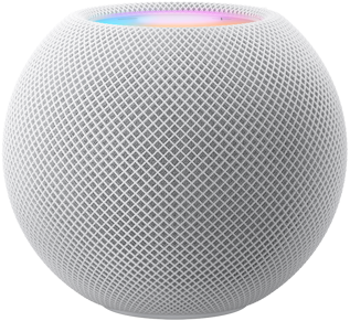 Beyaz renkte HomePod mini ve üstünde hareket eden renkli piksellerden oluşan “mini” ifadesi.