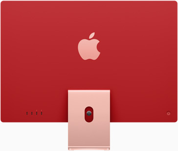„iMac“ su „Apple“ logotipu, centruotu virš stovo, rausva nugarėle