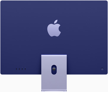 Гръб на iMac с логото на Apple в центъра над стойката, във виолетово