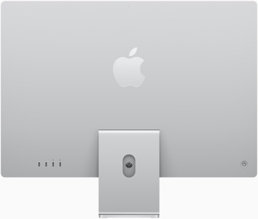 Задня панель iMac сріблястого кольору з логотипом Apple по центру над підставкою