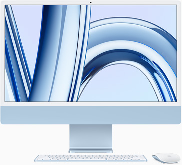 Ο iMac, με την οθόνη στραμμένη προς τα εμπρός, σε μπλε χρώμα