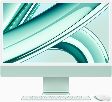 iMac, обърнат напред екран, в зелено