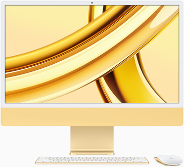 Skats no priekšpuses uz dzeltena iMac ekrānu