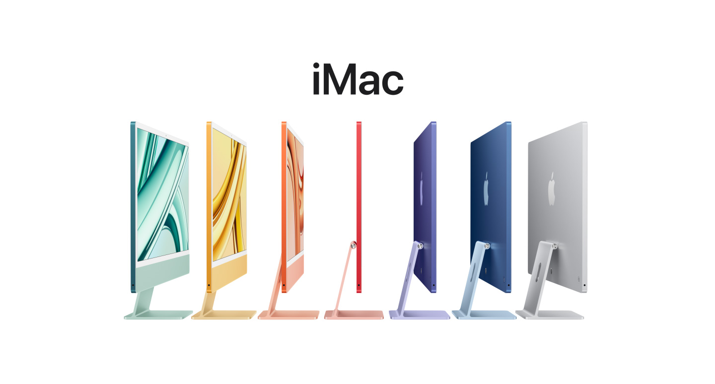 Žalios, geltonos, oranžinės, rausvos, violetinės, mėlynos ir sidabro spalvos 24 colių „iMac“, sustatyti iš eilės, rodomas „Apple“ logotipas ekrano nugarėlėje