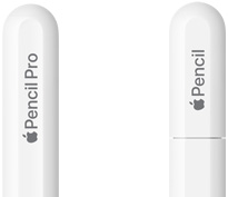 Apple Pencil Pro, pyöristetyssä päässä kaiverrus Apple Pencil Pro, Apple Pencil USB-C, tulpassa kaiverrus Apple Pencil.
