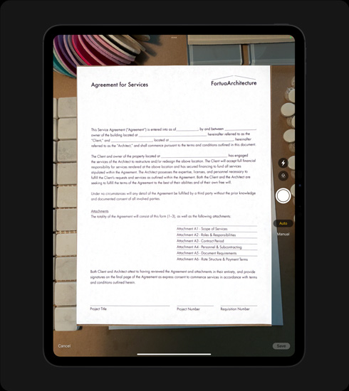 直向放置的 iPad Pro，展示正在掃描文件。