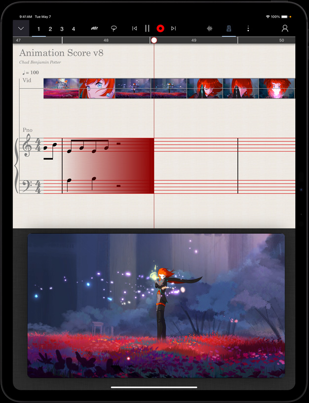 直向放置的 iPad Pro，螢幕下半部分是一套動畫，上半部分展示正隨著動畫製作樂譜。