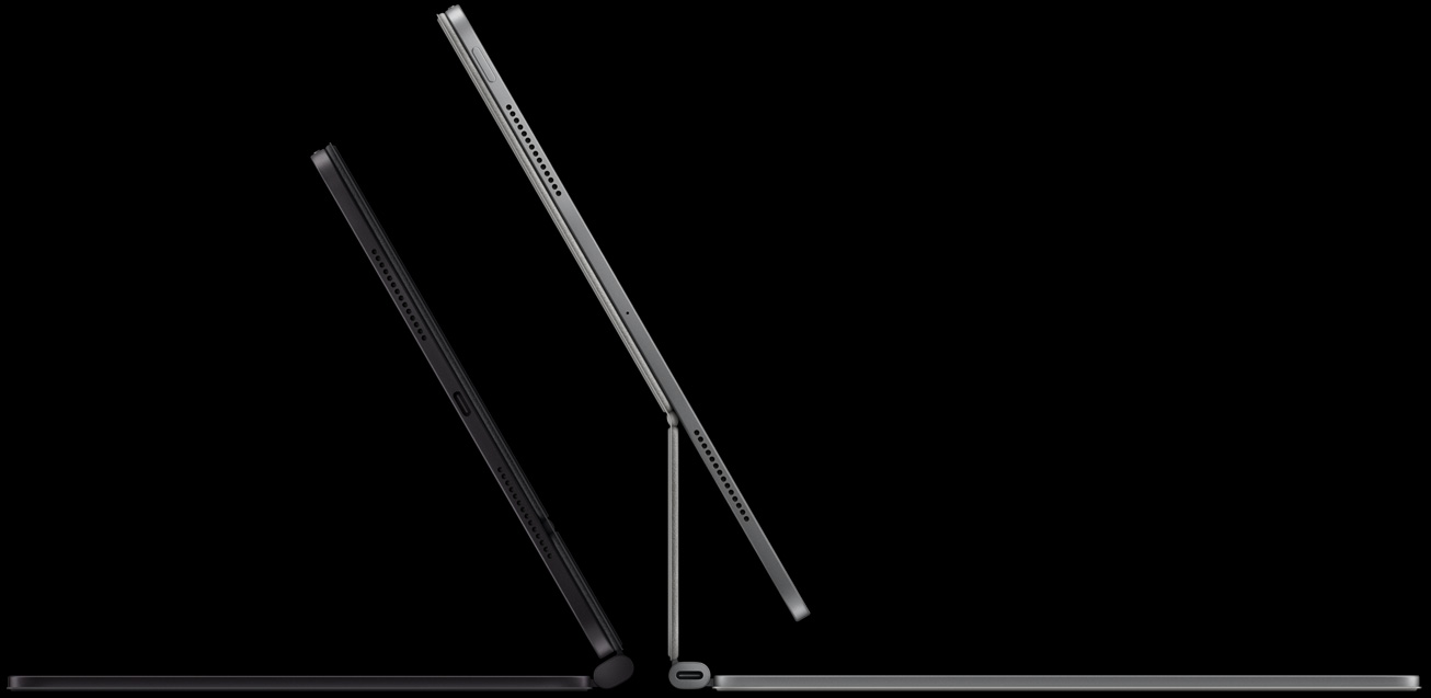 橫向放置的兩款 iPad Pro 貼合上精妙鍵盤，機身側面圖展示鍵盤的懸臂設計。