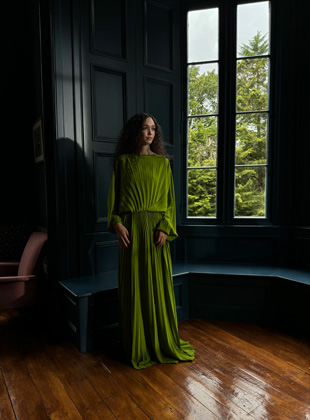 A photo shot in 24mm of a woman in a green dress