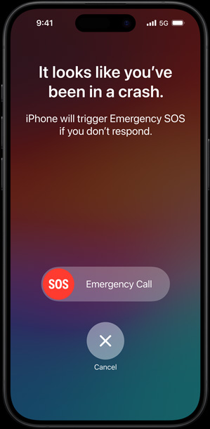 Ecrã a mostrar a Deteção de acidente com o aviso: Parece que sofreu um acidente. O iPhone vai acionar o SOS emergência se não responder.