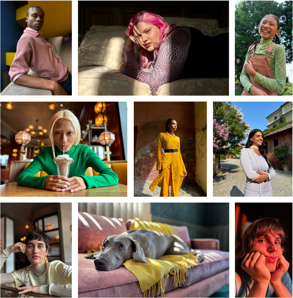 Портретни снимки на различни хора, направени с iPhone 15