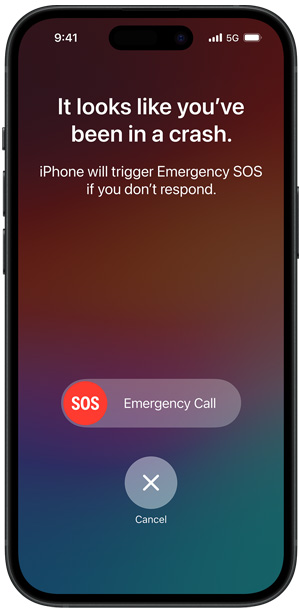 „Crash Detection“ ekranas, kuriame nurodyta „It looks like you've been in a crash. iPhone will trigger Emergency SOS if you don't respond“ (Atrodo, patekote į avariją. Jei neatsakysite, „iPhone“ inicijuos greitosios pagalbos SOS)