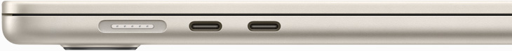 MacBook Air’in MagSafe bağlantı noktasını ve iki adet Thunderbolt bağlantı noktasını gösteren yandan görünümü