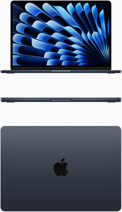 Gece Yarısı rengi MacBook Air modelinin önden ve üstten görünümü