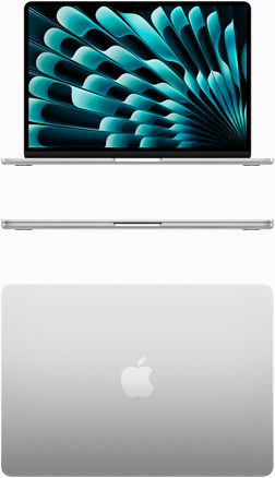 MacBook Air i sølv vist forfra og ovenfra
