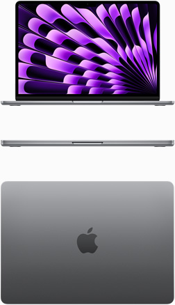 Vista frontal e de cima do MacBook Air na cor cinzento sideral