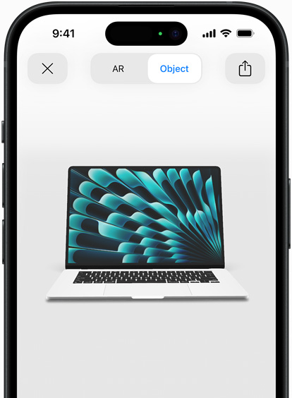 在 iPhone 上使用 AR 欣賞銀色 MacBook Air 的體驗預覽。