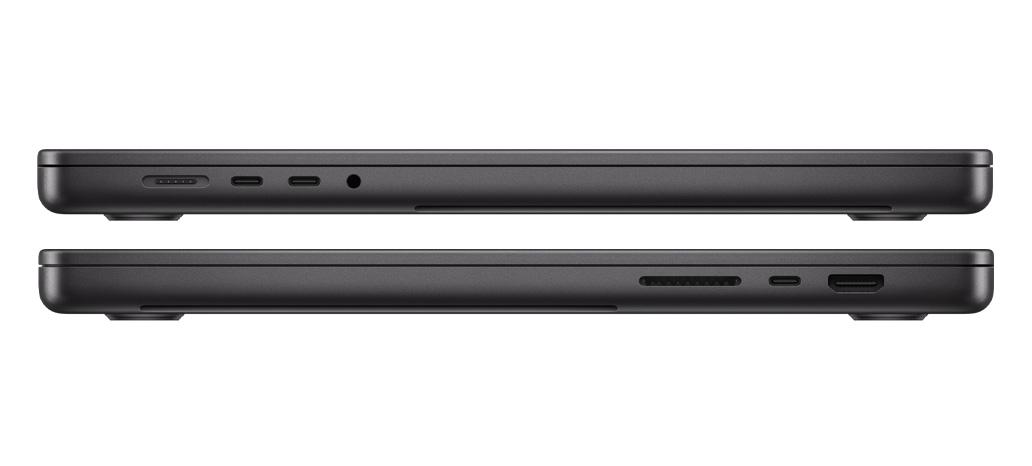 Απεικονίζονται οι θύρες σε ένα MacBook Pro με M3 Pro ή M3 Max chip: αριστερή πλευρά: θύρα MagSafe 3, δύο θύρες Thunderbolt 4 και υποδοχή ακουστικών, δεξιά πλευρά: υποδοχή κάρτας SDXC, μία θύρα Thunderbolt 4 και θύρα HDMI