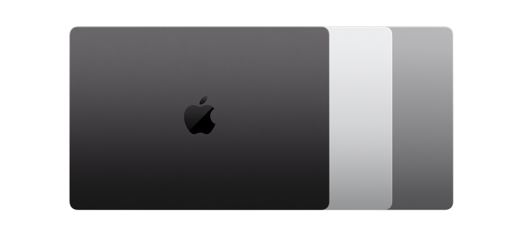 Prikaz tri dostupne boje za MacBook Pro: svemirski crna, srebrna i svemirski siva
